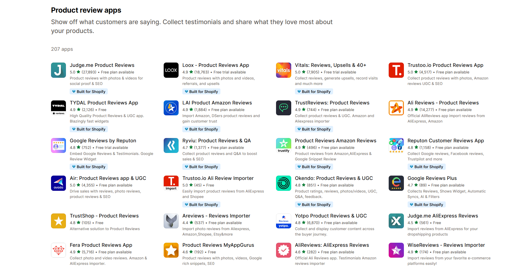 Product review apps in Shopify app store