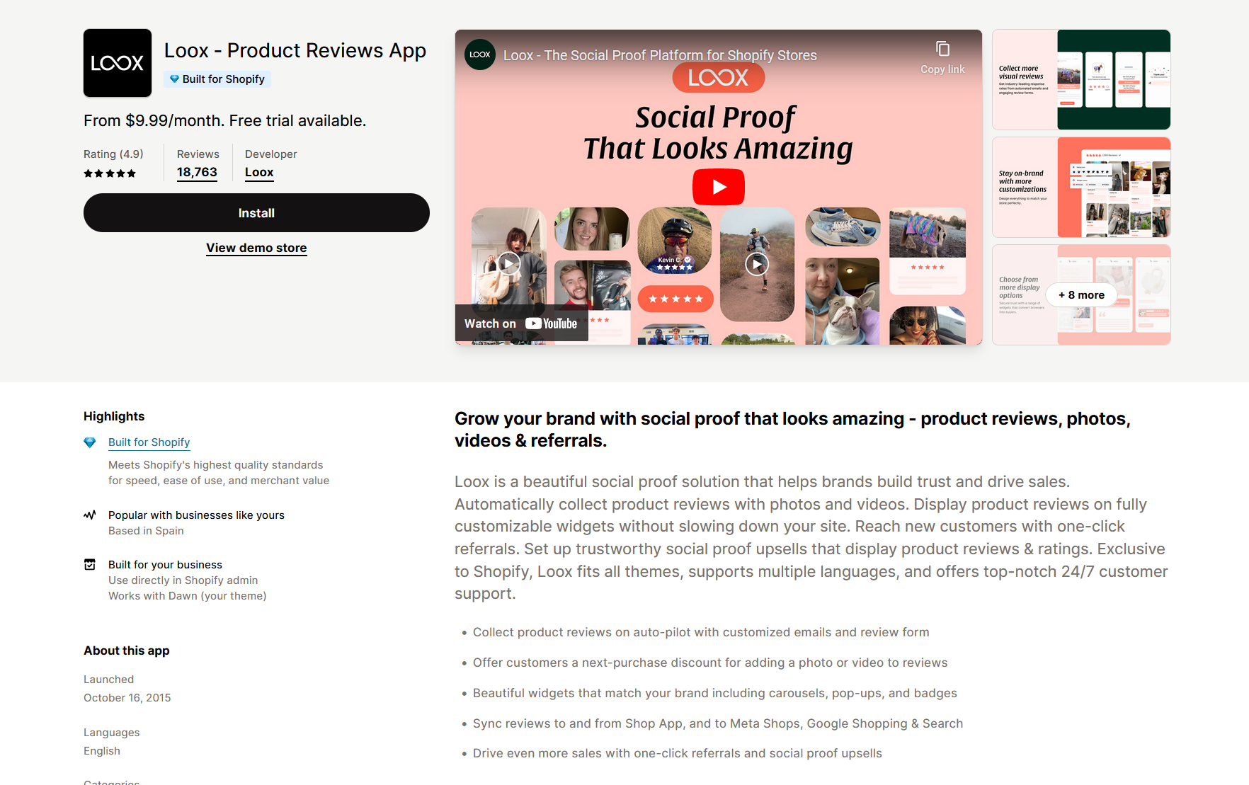 Loox Product Reviews app in Shopify app store