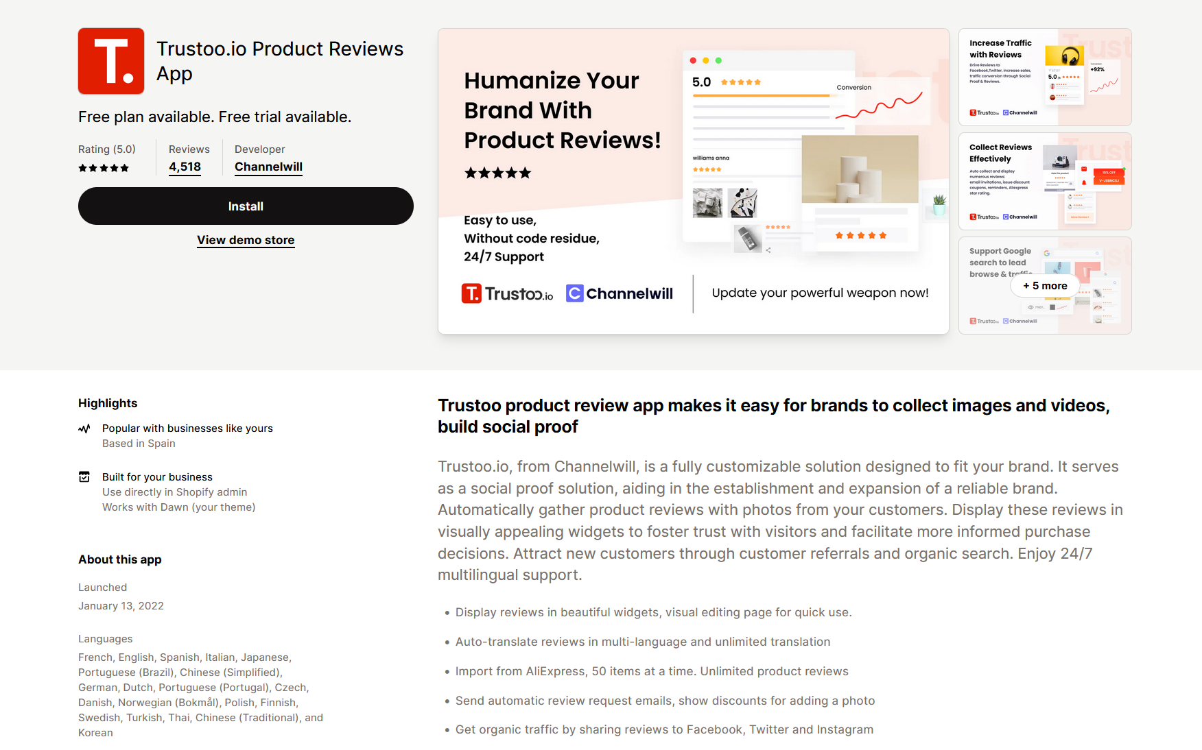 Trustoo.io Product Reviews App in Shopify app store