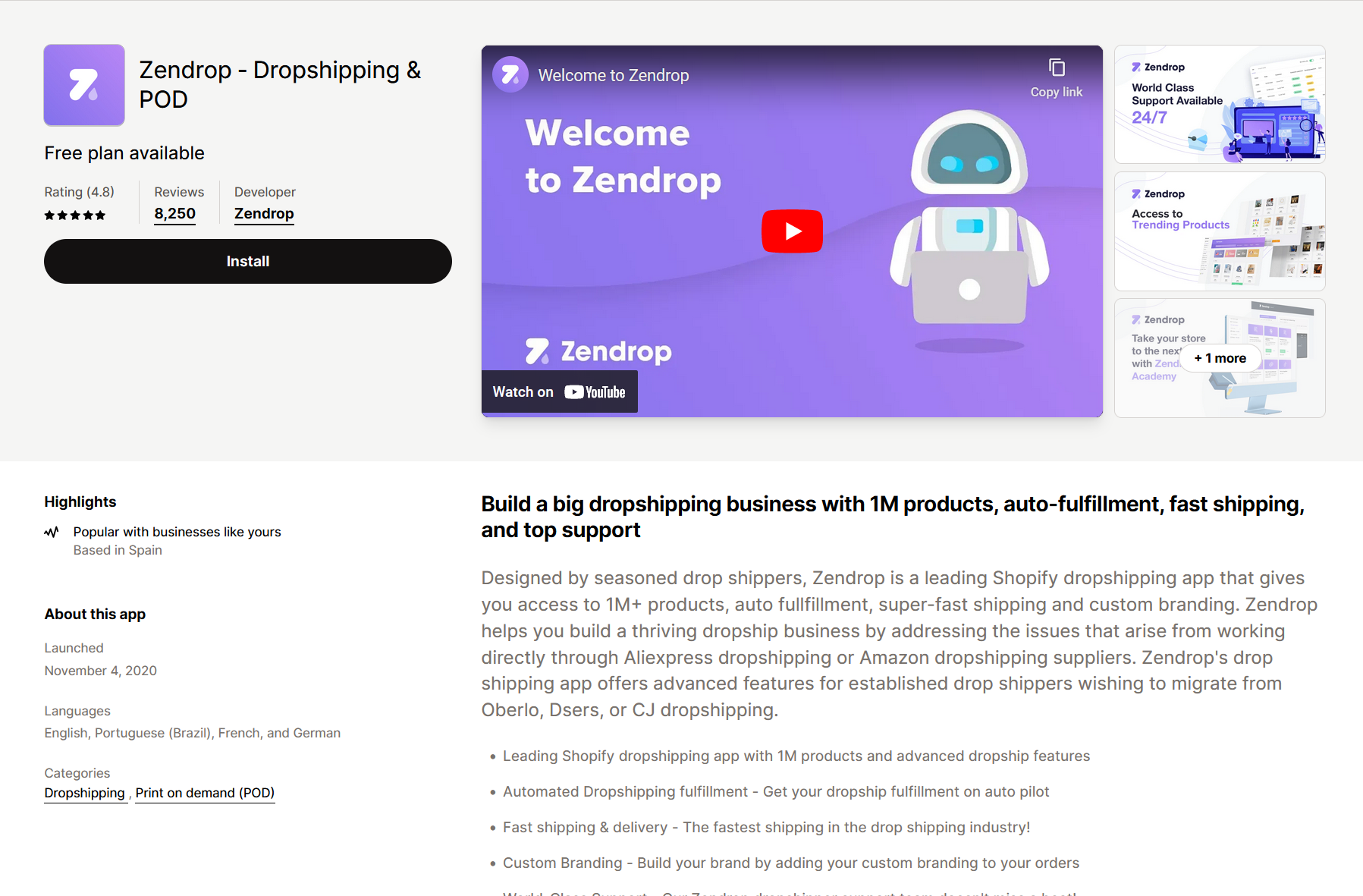 Zendrop in Shopify app store