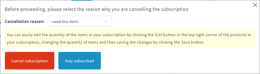 An example of a cancellation funnel, found within the Seal Subscriptions app