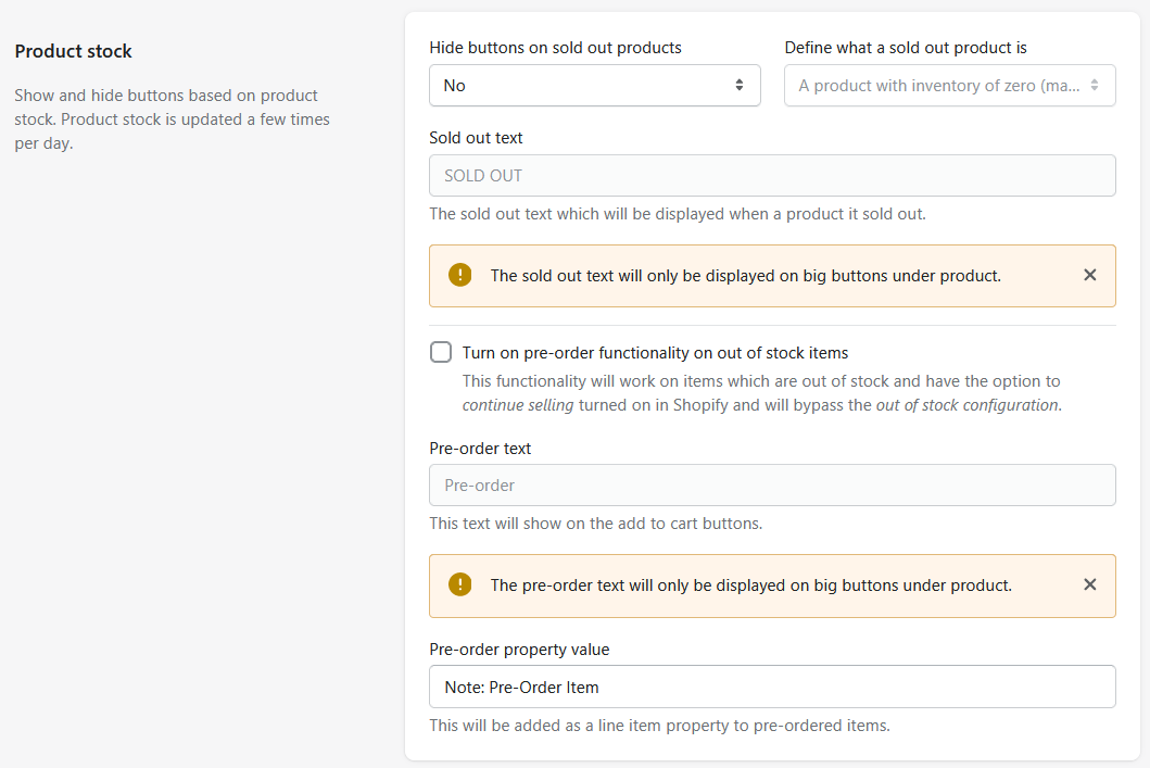 Product stock settings