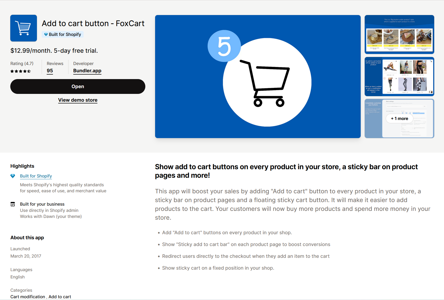 FoxCart in Shopify app store