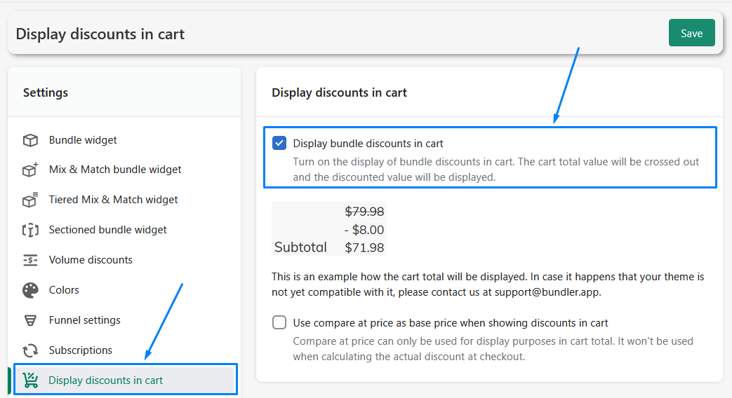 Displaying discounts in cart setting in Bundler