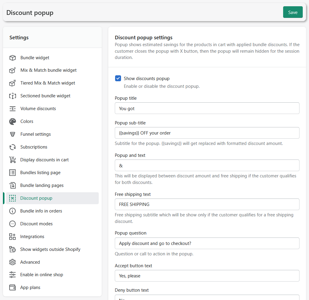Discount popup settings in Bundler