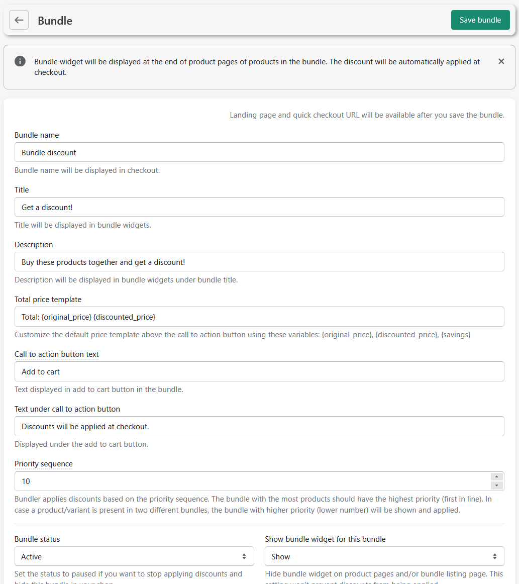 Bundle creation settings