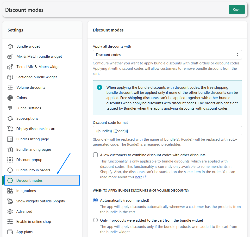 Discount modes settings in Bundler