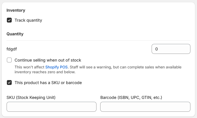 Inventory settings of the product