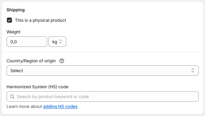 Shipping settings of the product