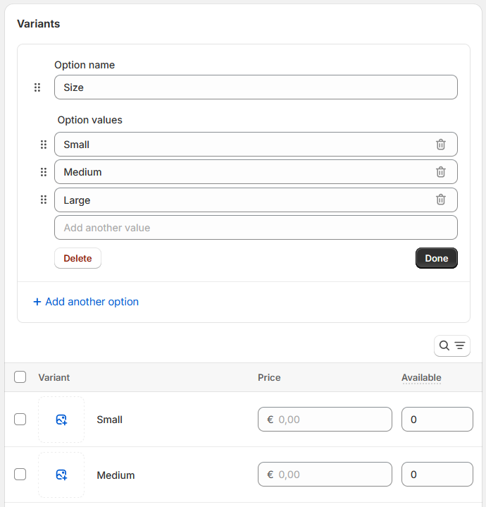 Variant settings of the product