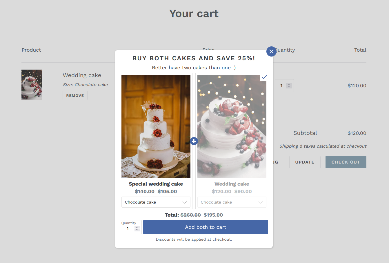 Example of a funnel upsell popup promotion in cart page