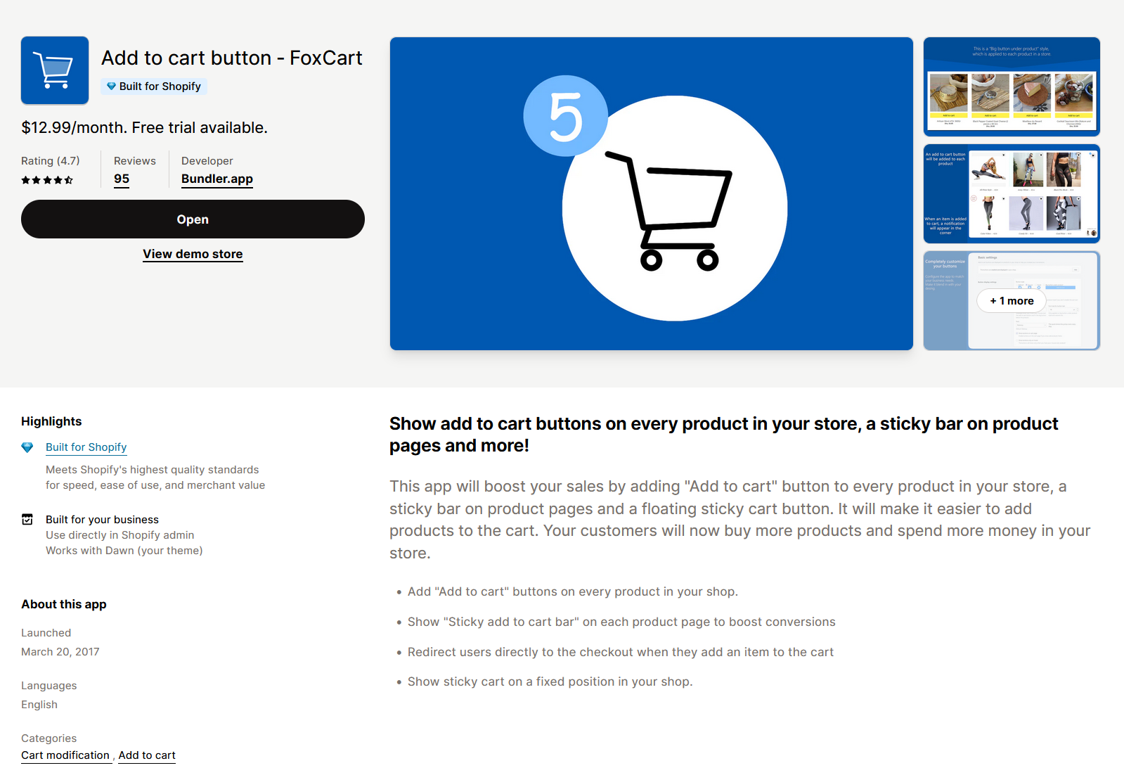 FoxCart in Shopify app store